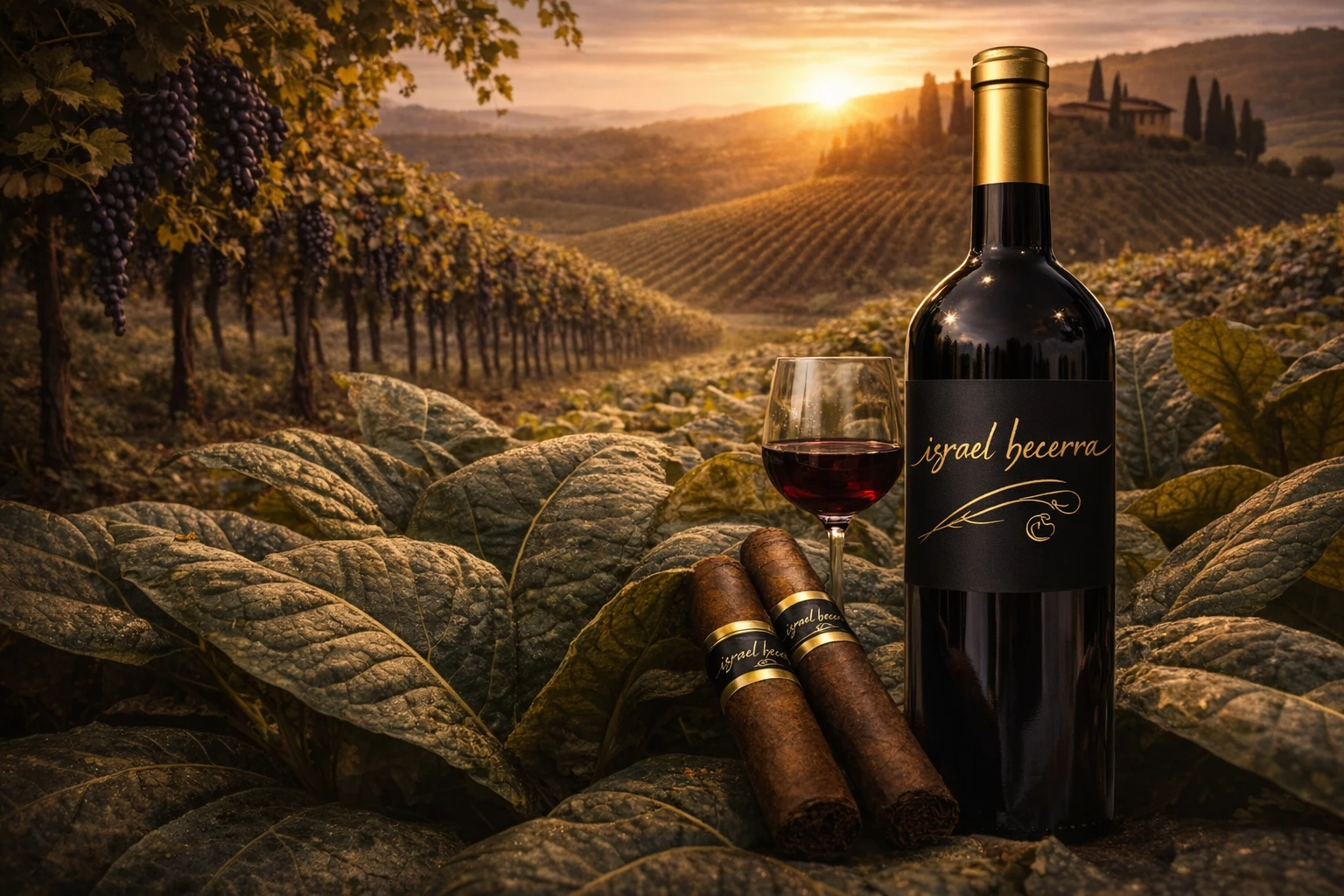 Composición original Israel Becerra: vino y puros entre viñedos y hojas de tabaco